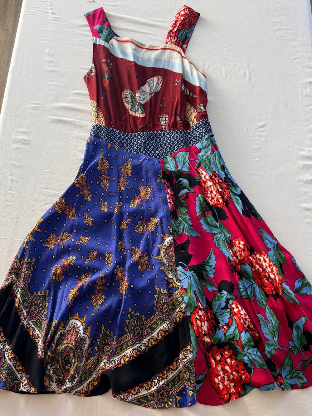 Moulinette Soeurs Asymmetrical Mixed-Print Dress in Red, Blue, Pink, Green